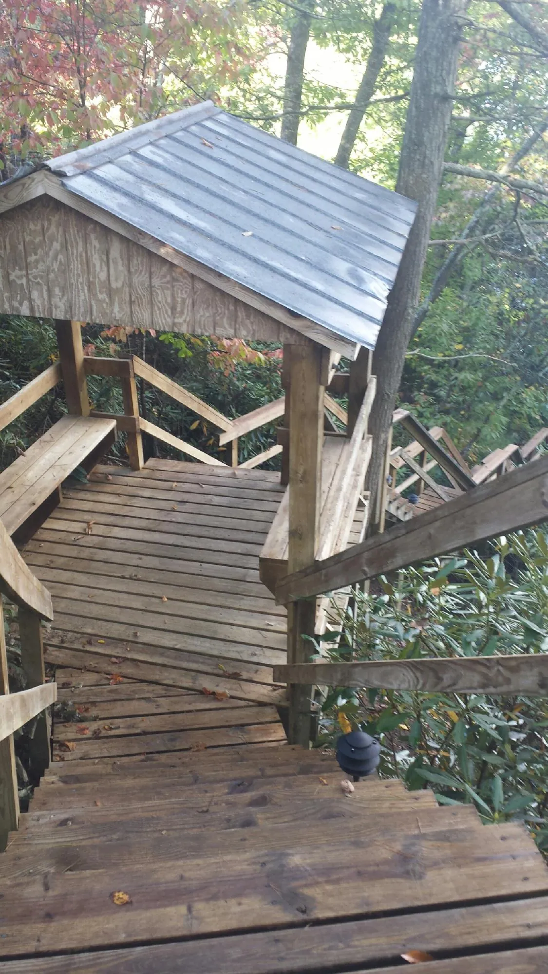 Metal roofed shelter over wooden steps on a wooded walkway — Skylight Repair & Installation work by our crew in Fields